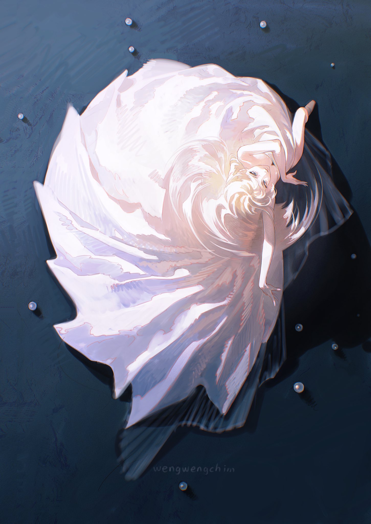 the image is an illustration of a woman in a white dress floating in a dark blue space with scattered pearls. the dress creates a swirling effect and is highly detailed. the woman has blonde hair and a delicate expression. the overall tone of the image is ethereal and dreamlike.