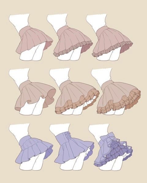 the image is a drawing of nine different types of frilly skirts. the skirts are all drawn in a simple, cartoon style, with a focus on the details of the ruffles and layers. the skirts are all drawn on a plain background, which makes the details of the skirts stand out even more.  each skirt has a different design, with some having more ruffles than others, and some having more layers than others.  the skirts are all drawn in a way that shows the flow of the fabric and the way the ruffles would move if they were real.