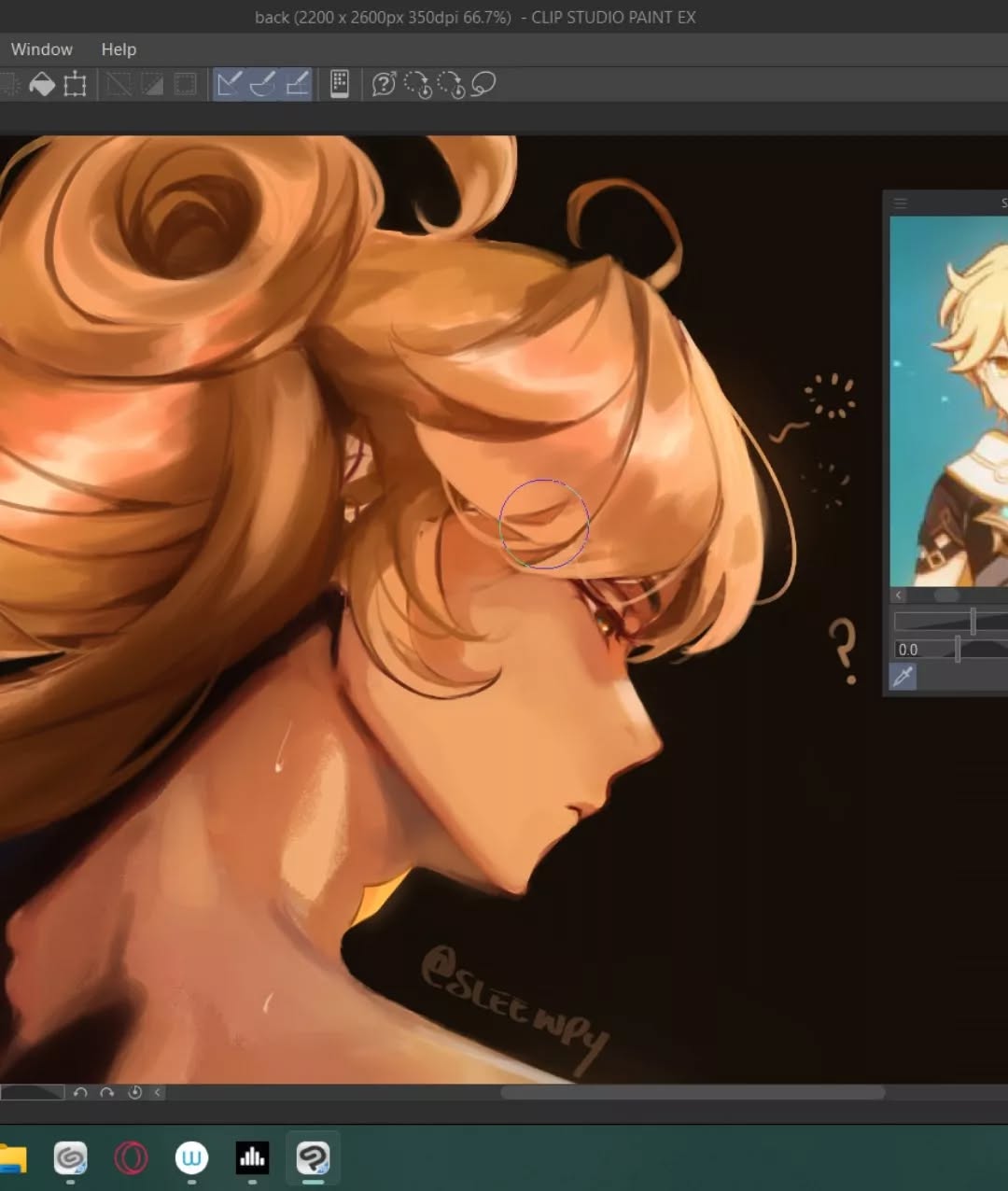 the image shows a digital painting in progress within the clip studio paint ex software. the artwork features a closeup side profile of a female animestyle character with long, flowing blonde hair styled in an updo.  the artist's username "@slee wpy" is visible in the lower part of the painting. a smaller window on the right displays another image which seems to be a reference or an inspirational piece.  the main focus is on the detailed rendering of the character's hair and skin, showing the use of light and shadow to create depth and volume.  the overall style is soft and painterly, with warm, golden tones dominating the color palette. the image also displays the clip studio paint ex toolbar, indicating the work is being done in that software.