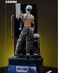 a detailed closeup shot of a meticulously crafted figurine, possibly an anime or manga character, stands prominently on a dark platform. the figure is depicted as a muscular man with gray hair, posing in a stylish and trendy outfit. he appears to be taking a selfie, showcasing his physique. the figure is holding dumbbells, suggesting a gym or fitness setting. the background is dark, enhancing the focus on the figurine. the quality of the sculpture's details is striking, indicating a high level of craftsmanship. the figurine's height is indicated as 535mm. the overall impression is one of a highquality collector's item or work of art.