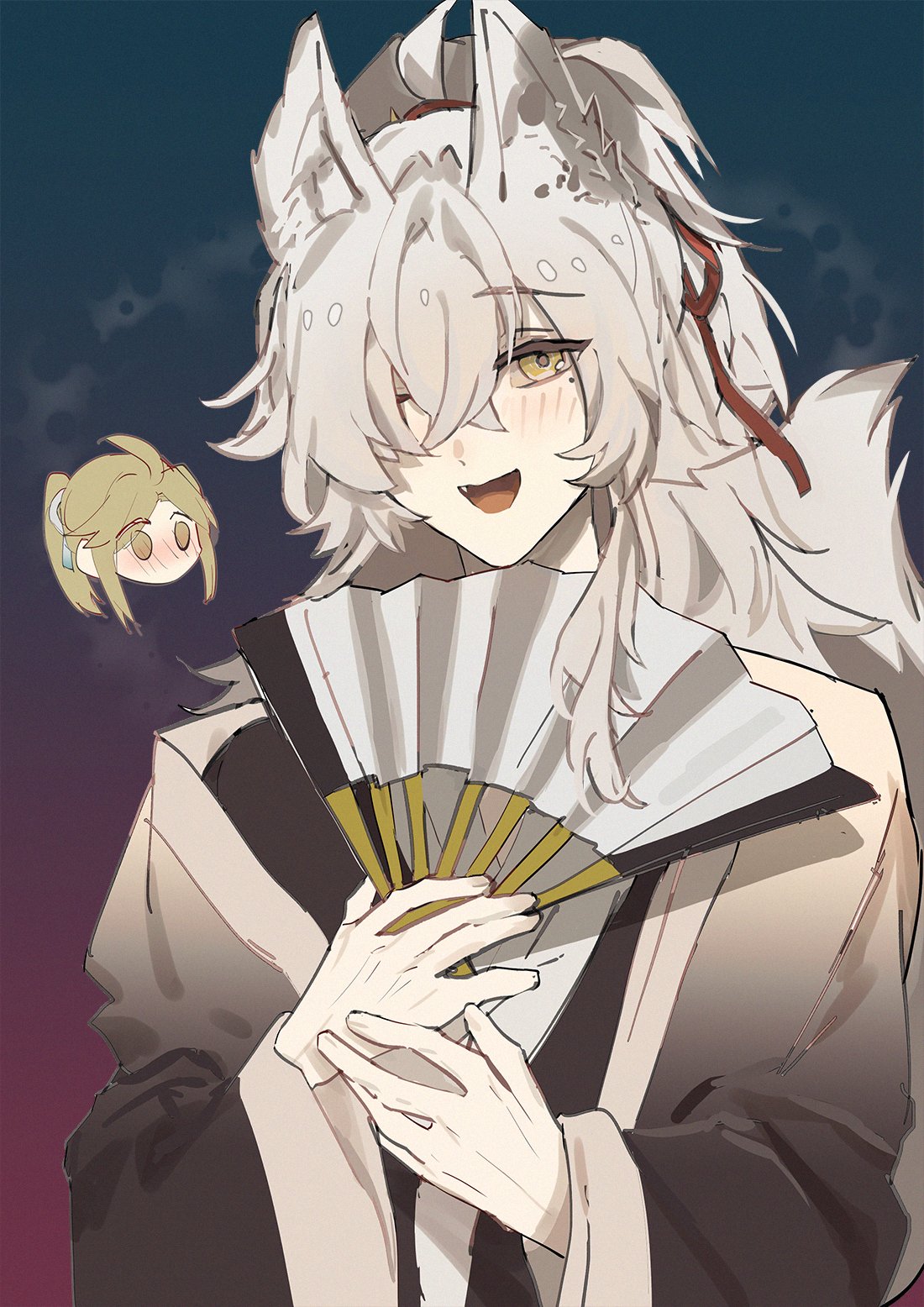 an anime girl with white hair and wolf ears is smiling and blushing. she is holding a fan in her hands and is wearing a kimono. there is a smaller girl in the background with blonde hair and pigtails.