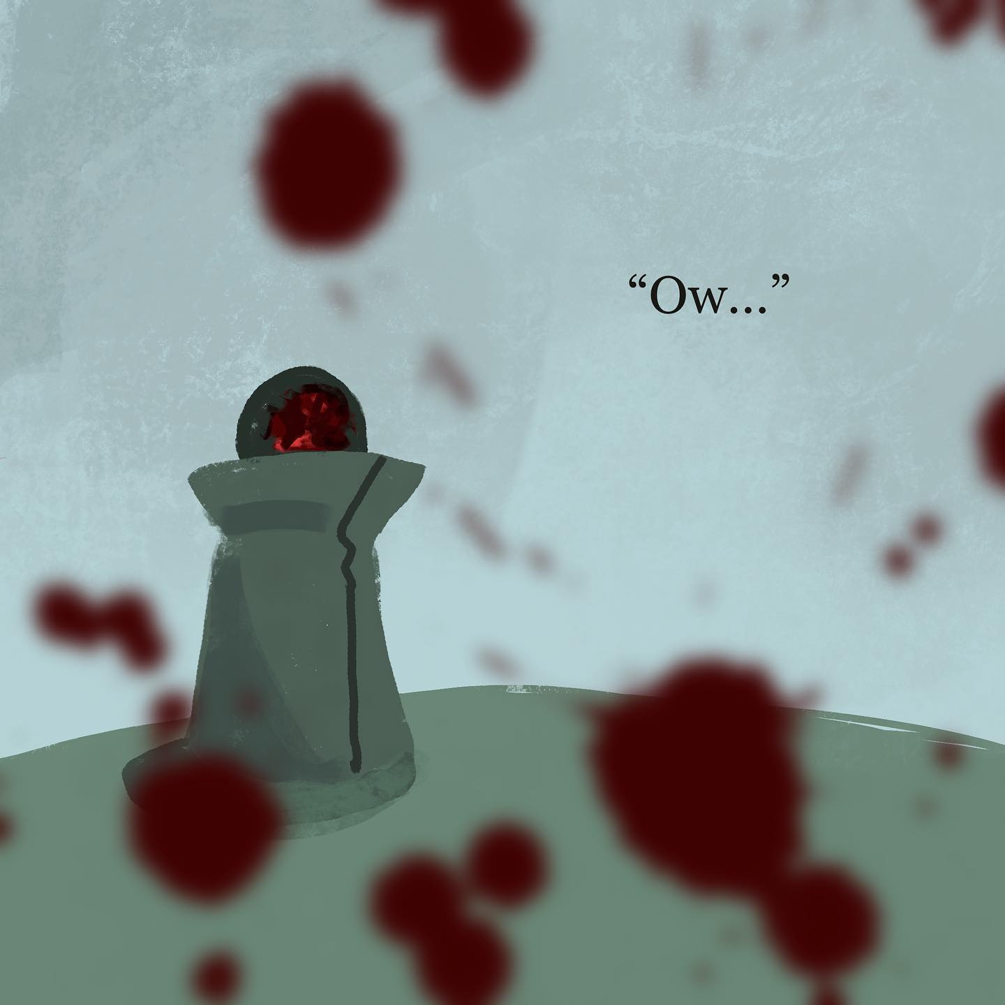 the image depicts a small, round, robotic entity with a single red eye, standing on a flat surface. the robot appears to be injured, with splatters of blood surrounding it. the background is a hazy, foggy gray, contributing to a desolate and eerie atmosphere. the robot's only dialogue is "ow...", suggesting it is experiencing pain.