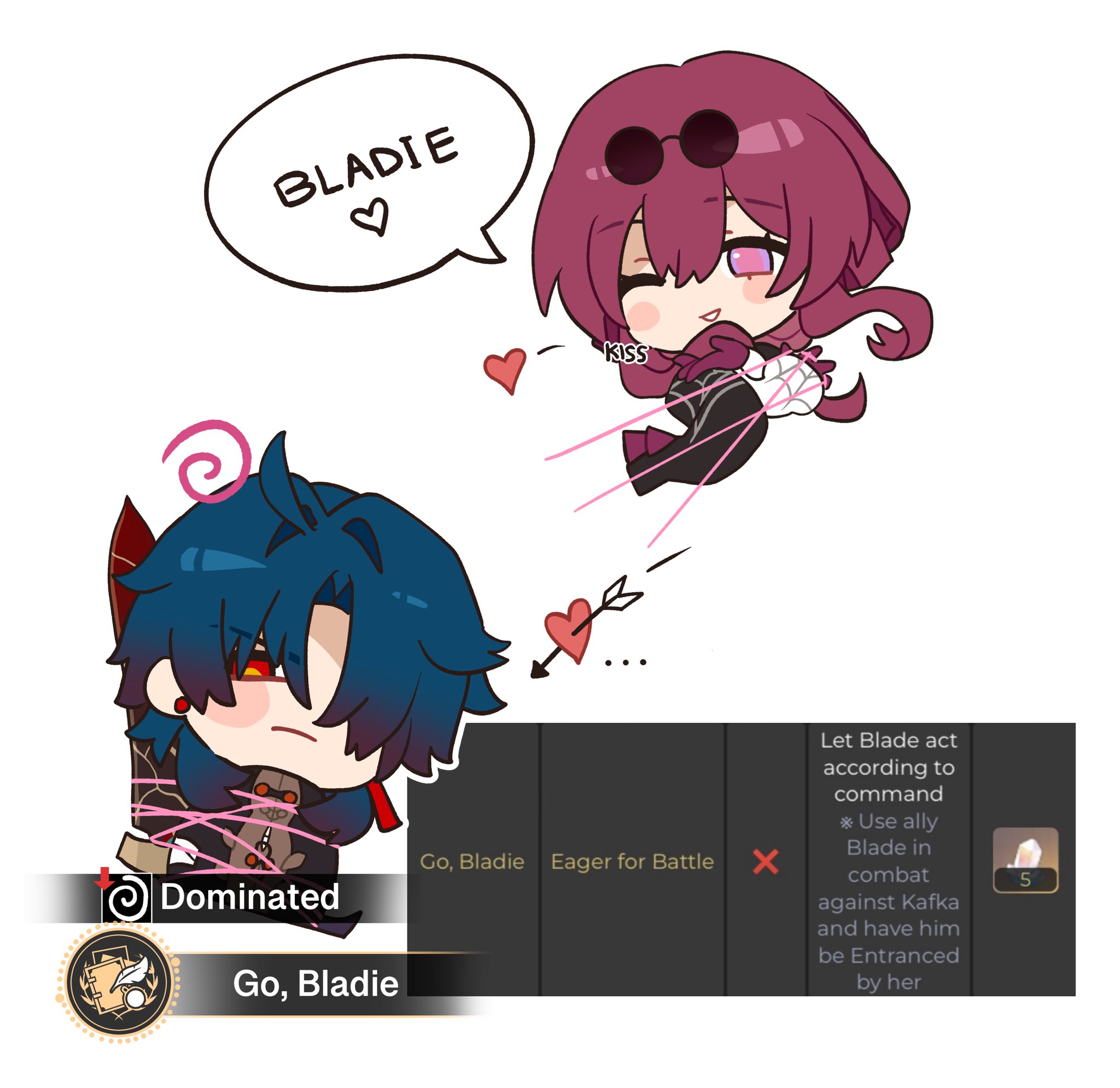 this is an illustration from the game honkai impact 3rd. it depicts a scene with two characters from the game, bladie and blade. in the image, bladie is tied up with pink ribbons while blade is holding a pink ribbon, with a heartshaped arrow pointing towards bladie. bladie is blushing with a cute expression while blade is smiling and giving a kiss to bladie. there is also a game interface with a character card, and a description of bladie's skill, which suggests that she can dominate blade and make him act according to her command. the illustration is drawn in a chibi style with a playful and romantic vibe.