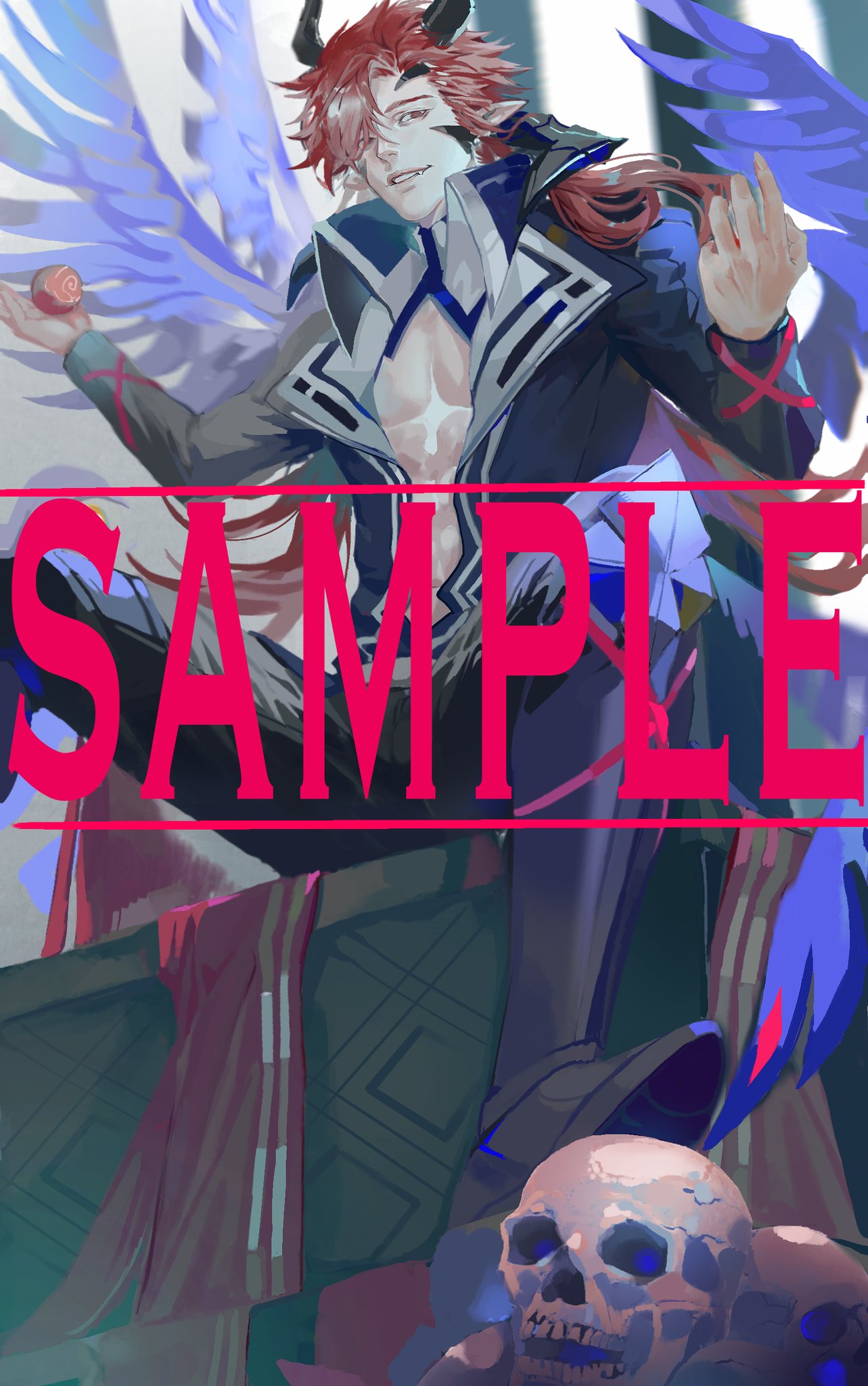 this is a digital illustration of a male anime character with red hair and blue eyes. he has wings, horns, and is wearing a stylish suit. he is sitting on a chair with a skull in front of him,  giving him a demonic and fantasy look. the colors used in the art are dark and vibrant.