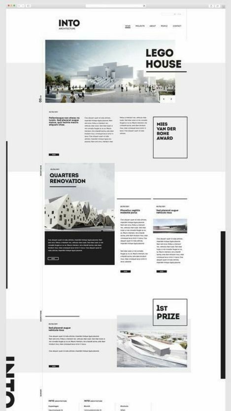 the image showcases a minimalist website design highlighting a lego house architectural project. the website features a black and white color scheme with bold typography. the top of the page displays a photo of the lego house exterior with the title "lego house" and the award it received, "mies van der rohe award." below the image, there are sections showcasing the project's details: the first section focuses on the "quarters renovation" with a rendering of the building; the second section displays text about the design philosophy; and the third section highlights the project's achievement, "1st prize," with a 3d rendering of the house in a snowy landscape. the overall design emphasizes clean lines and modern aesthetics, creating a visually appealing and informative platform for showcasing the lego house architectural project.