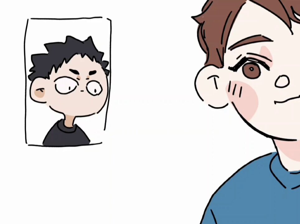 the image is a cartoon drawing of two anime boys. the boy on the left is in a frame looking annoyed, and the boy on the right is smiling and blushing while looking at the boy in the frame.
