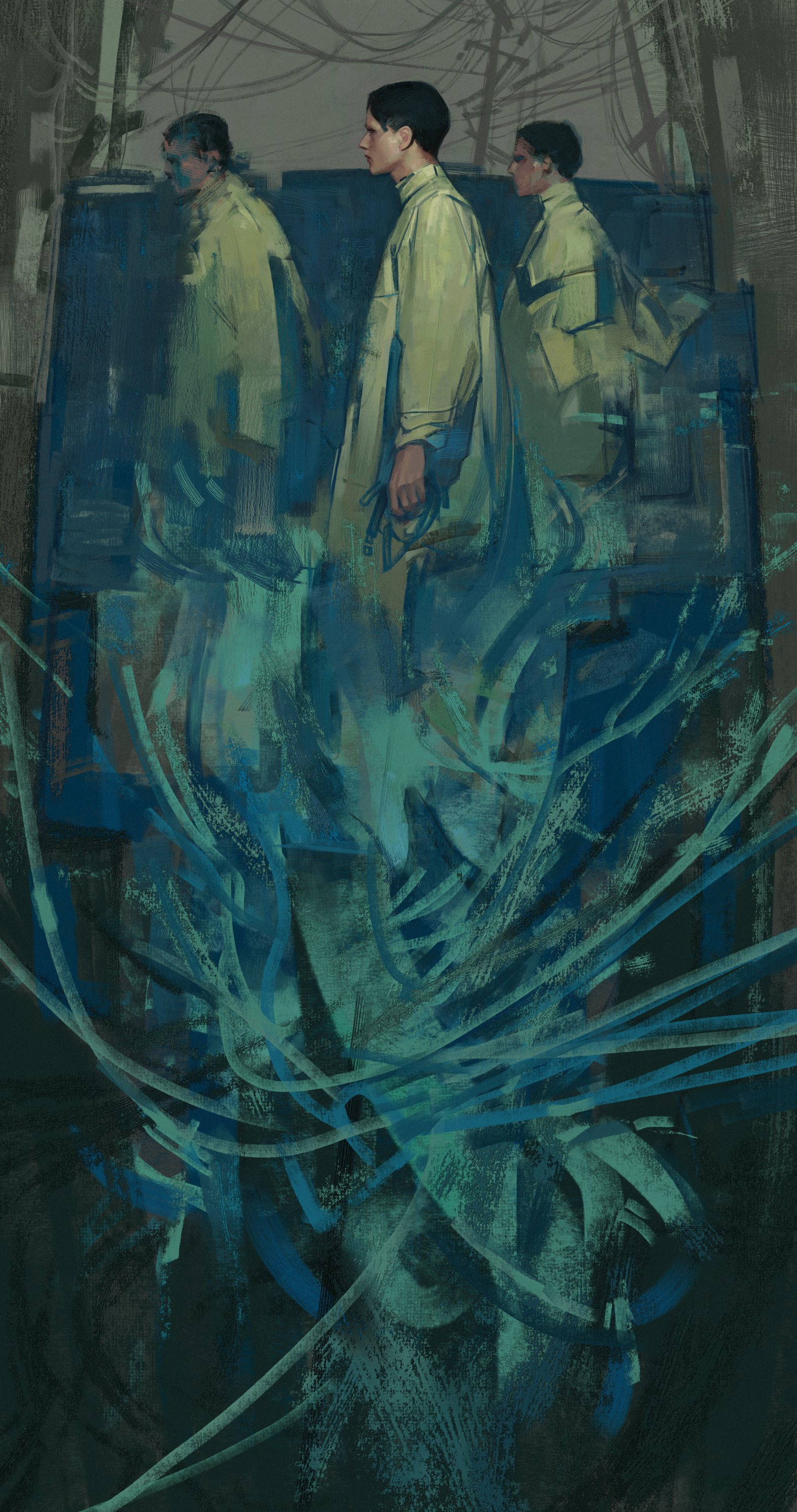 he image is a digital painting or illustration depicting three men walking down a street in an urban setting. the men are dressed in long, lightcolored coats and are walking in a row. the background is abstract and dark, with teal and blue brushstrokes creating a moody and mysterious atmosphere. the style is contemporary and painterly, with visible brushstrokes and texture. the overall feel is atmospheric and evocative, suggesting a sense of place and time.