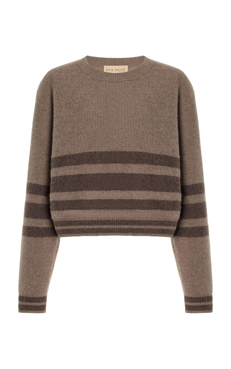 a brown striped knit sweater with long sleeves and a relaxed fit. the sweater has a casual style and is perfect for fall and winter. it is made of cashmere and is very comfortable to wear. the sweater is cozy and warm.