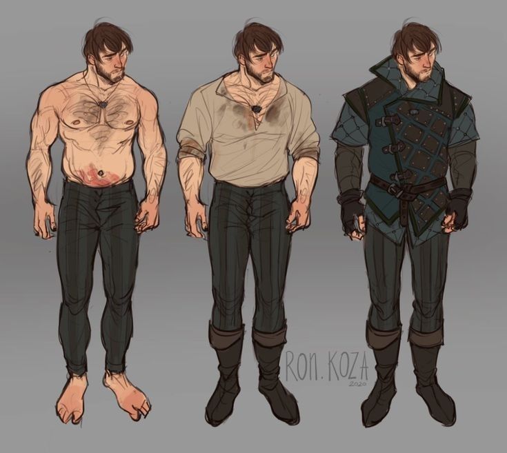 the image shows a drawing of a man in three different outfits. the leftmost outfit shows the man with a bare torso, pants, and bare feet. the middle outfit shows the man wearing a dirty, white shirt, pants, and boots. the rightmost outfit shows the man wearing armor over a shirt, pants, and boots. all outfits show the man with a tired and sad expression, with bruises on his arms and body. the artist's signature "ron. koza 2020" is present in the bottom right corner of the image.