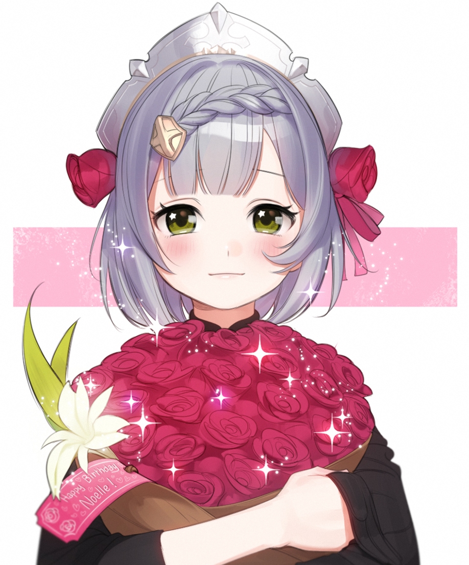 an anime girl with short silver hair and yellow eyes is smiling softly. she's wearing a white headband with a grey attachment. her black outfit is barely visible behind a large bouquet of red roses and a single white lily, tied together with a ribbon. the bouquet also has a birthday card addressed to ‘noelle’.  the background is white with a pink stripe behind the girl. the overall picture has soft lighting.