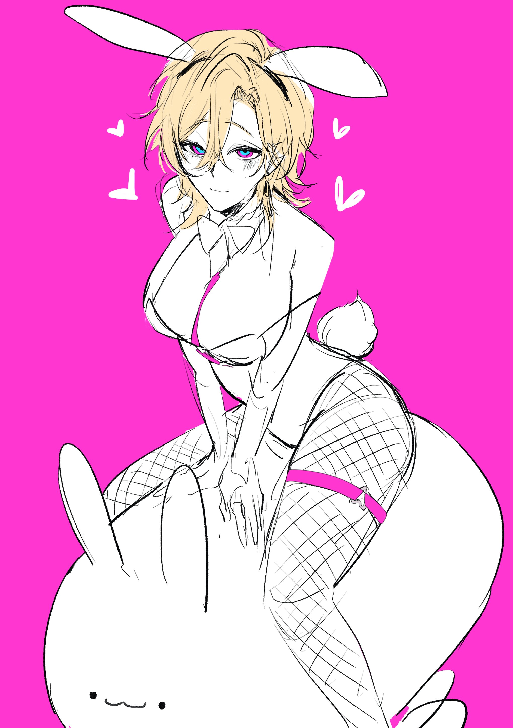 a digital sketch of an anime girl in a white bunny costume, holding her bunny ears and  wearing black stockings. she's sitting on a large white bunny with pink background.  the style is cute and sexy.