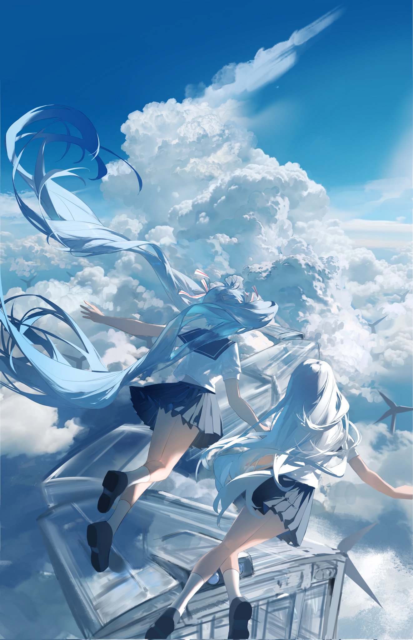 the image is a digital painting of two anime girls with long, flowing white and blue hair, dressed in school uniforms, seemingly flying through the sky amidst fluffy white clouds.  they are perched on a partially visible, lightcolored structure that resembles a train car or elevated platform. the overall style is dynamic and dreamlike, emphasizing the freedom and ethereal beauty of the scene. the colors are soft and pastel, with blues and whites dominating the palette. the girls appear carefree and joyful as they navigate this fantastical setting.