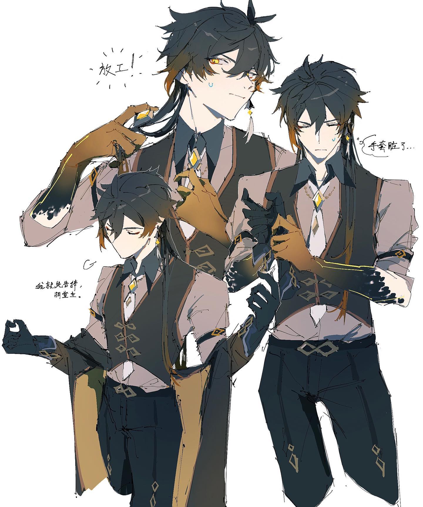 he image is a digital fanart depicting three versions of the genshin impact character scaramouche.  the art style is animeinspired, with detailed clothing and hairstyles. the characters are dressed in similar yet distinct outfits, all featuring a muted color palette with hints of gold and brown. the central figure appears to be adjusting his attire while the others stand slightly behind, conveying a sense of dynamic posing and movement. the overall aesthetic is stylish and elegant.  there is text written in what appears to be japanese or chinese script which are likely character dialogue or annotations.