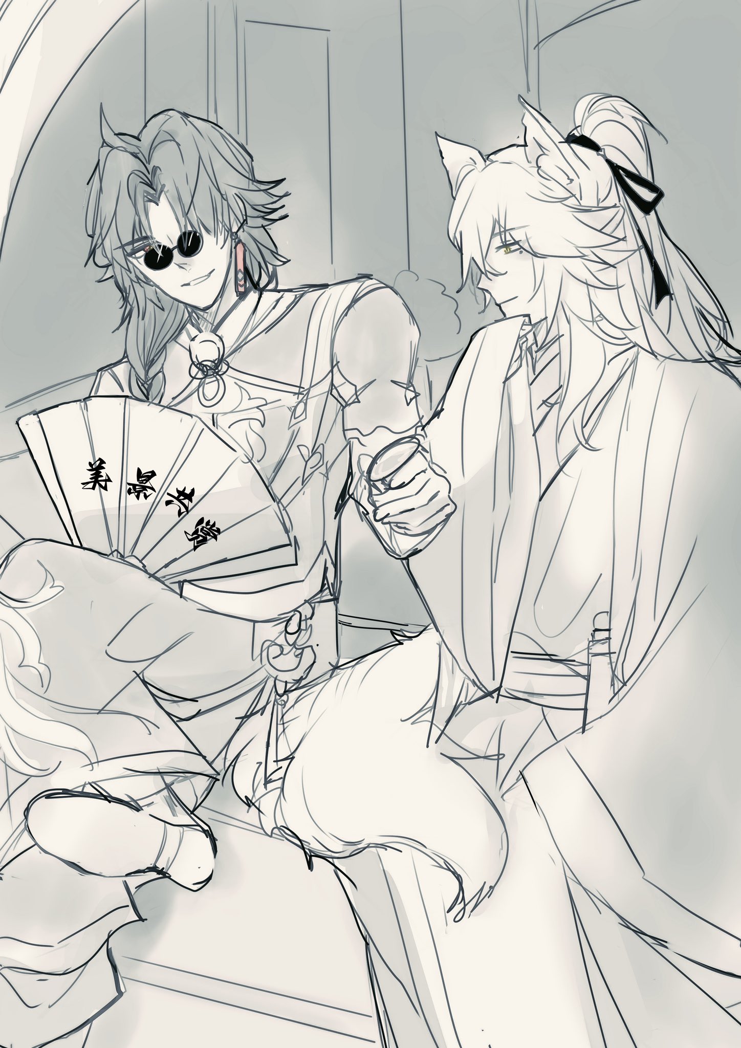 a sketch of two anime boys, one with white hair and fox ears, and the other with dark hair wearing sunglasses.  the boy with fox ears is sitting with his legs crossed, and the other is sitting next to him with his arm on the back of the fox boy's chair, and holding a fan. they are both looking at the viewer.