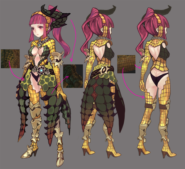 this image showcases concept art for a female character, potentially from a game like monster hunter. she dons armor seemingly crafted from reptilian hide, featuring prominent scales and a color scheme echoing natural greens, browns, and gold accents. the art presents three distinct views: front, back, and side, offering a comprehensive look at the armor design. closeup details highlight the texture of the scales and the intricate design of the armor pieces. the character sports vibrant pink hair tied with a yellow ribbon, contrasting sharply with the armor's earthy tones.