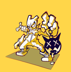 this illustration features a stylized skeletal figure reminiscent of a cartoon character, vandalizing with spray paint.  the character wears a jumpsuit, sneakers, and a mask. it wields spray paint cans in both hands and has just finished a graffiti tag on a wall. a stylized, melting, frowning, black and white bomblike object dangles from the character's left hand.