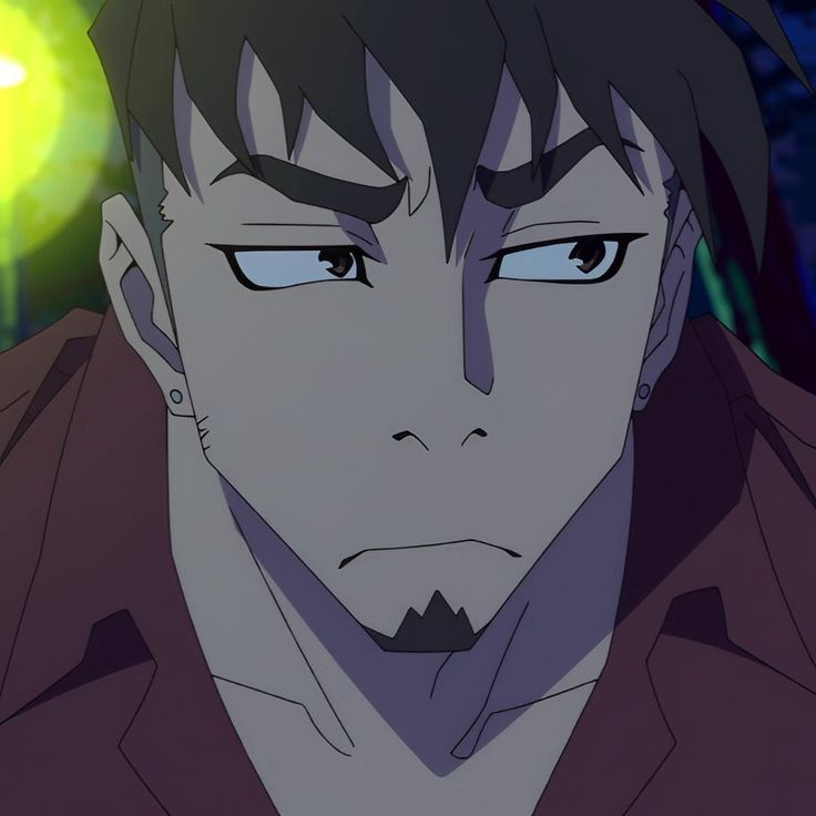 this is a closeup portrait of a male character from an anime or manga. he has short, dark brown hair and is wearing a red shirt. his expression is serious and suspicious, with furrowed brows and narrowed eyes. there is a goatee beard and stubble on his chin. he has dark circles under his eyes and a hint of green in the background, suggesting he might be in a dark or shadowy place. there is a hint of an earring in his left ear. the image is a headshot and captures the character's intense gaze and the weight of his emotions.