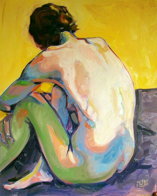 a contemporary oil painting on canvas depicting a nude woman sitting with her back turned toward the viewer. the painting has a bright and colorful palette of yellow, green, blue
