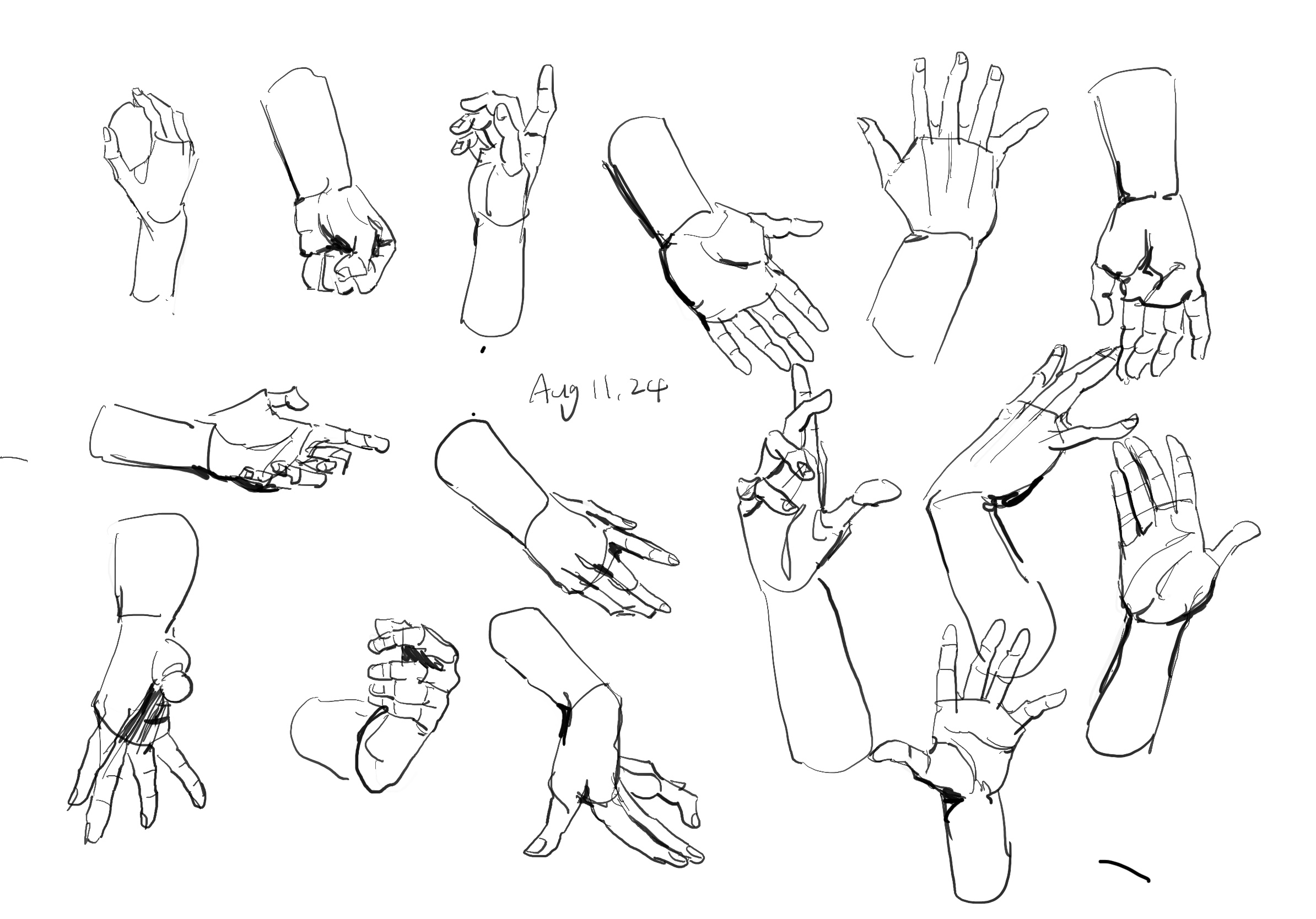 a page of sketches featuring various hand poses from different angles, all drawn in black ink on white paper. the drawings emphasize the structure and form of the hands, demonstrating an interest in anatomy and artistic practice. the date "aug 11.24" is written on the page, likely indicating the date the sketches were made.