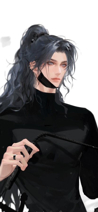 this is a digital illustration of a young anime character who appears to be a male. he has long black hair tied back, and light blue/green eyes. he is wearing a black shirt, has a silver bracelet on his wrist, and is holding a black whip. the background is white.