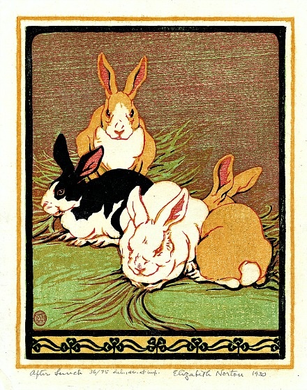 the image is a color woodblock print by elizabeth norton, dated 1930, titled "after launch." it depicts three rabbits nestled together in grass. the rabbits are stylized and have distinct colorations: one is orange, one is black and white, and one is white. the background is a muted brownishpurple, contrasting with the green of the grass and the vibrant colors of the rabbits.  a decorative border featuring a repeating clover motif frames the central image. the print is numbered "36/75," indicating it's part of a limited edition of 75 prints.  the artist's signature and date are visible at the bottom. the overall style is reminiscent of early to mid20th century art printmaking.