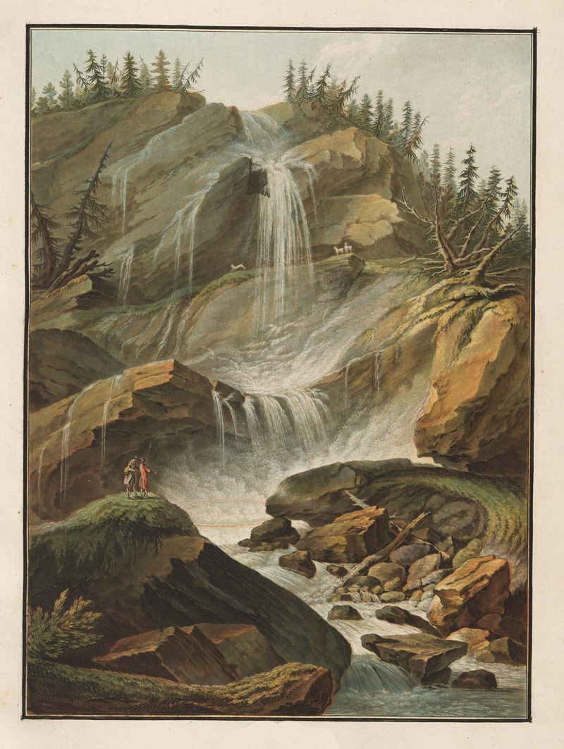 the image is a landscape painting featuring a cascading waterfall flowing down a rocky mountain. the mountain is covered in trees and vegetation. in the foreground, there are figures standing on a rocky outcrop, observing the waterfall. two dogs are depicted on a ledge near the top of the waterfall. the stream created by the waterfall flows through a rocky terrain. the overall scene depicts a natural, wilderness landscape.
