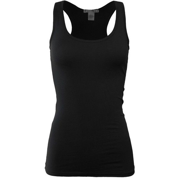a black women's racerback tank top is displayed on a white background.