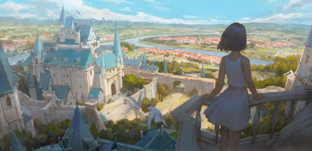 the artwork depicts a young woman with short, dark hair, dressed in a lightcolored sleeveless summer dress. she stands on a balcony overlooking a breathtaking vista. the scene is set in a fantasy world, featuring a large, detailed, tealroofed castle nestled within a walled city.  a winding river flows through a lush green valley, dotted with smaller buildings and farmlands, extending to the horizon under a bright, sunny sky. birds are depicted flying in the distance, adding to the peaceful, almost dreamlike atmosphere. the overall style is soft and painterly, reminiscent of both anime and fantasy art. the image creates a sense of wonder and tranquility.