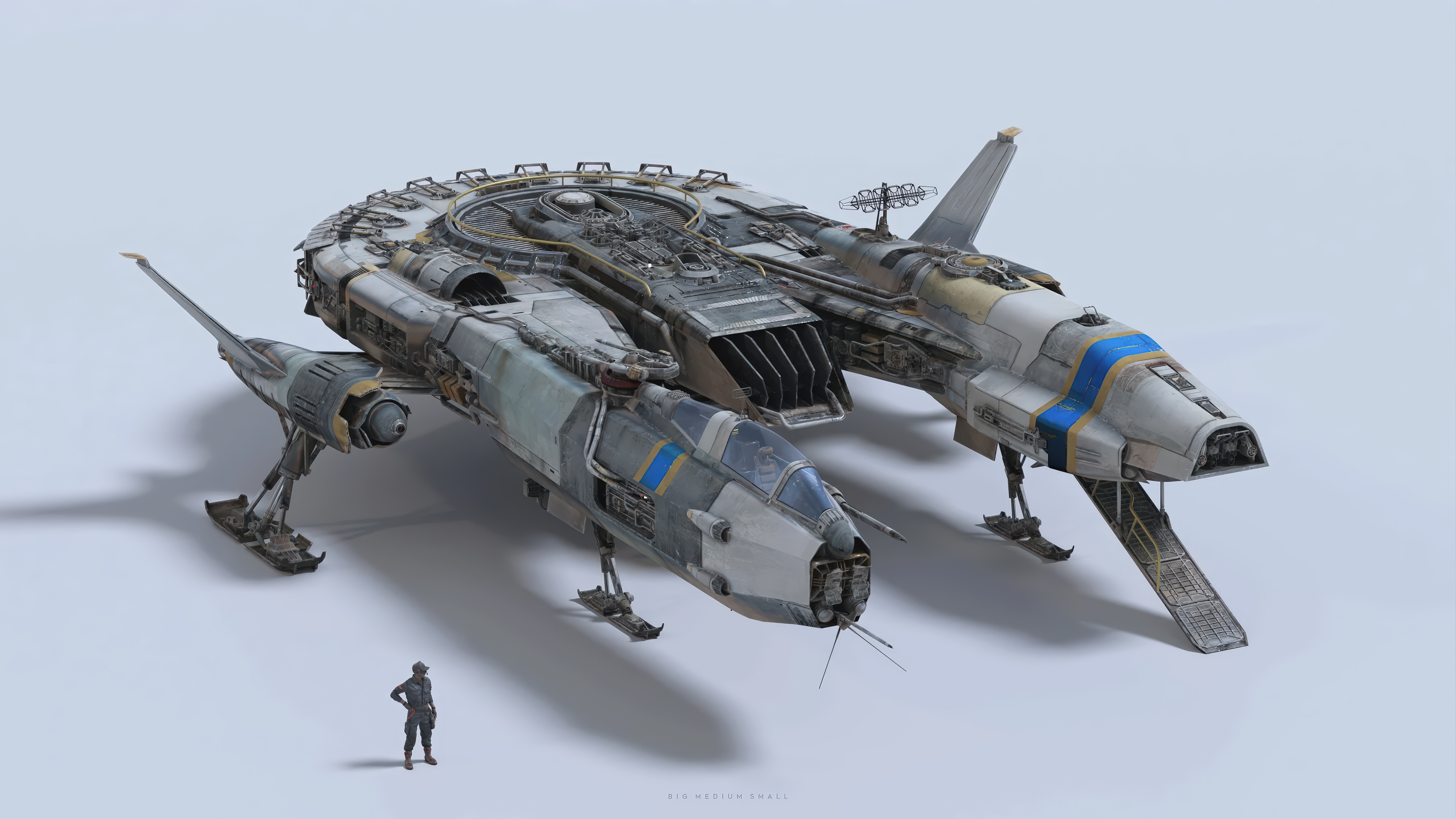 a detailed 3d rendering of a futuristic spaceship, possibly a concept design for a science fiction film or game.  the ship is large and complex, with multiple sections and intricate detailing. it appears weathered and worn, giving it a used and livedin look. the ship rests on landing skids and has a ramp extended. a small, scale miniature figure of a person is included in the image to provide a sense of scale, emphasizing the size of the spacecraft. the background is a plain, light grey that helps the spaceship stand out. the image is highquality and professionally rendered. the watermark "big medium small" is visible at the bottom.