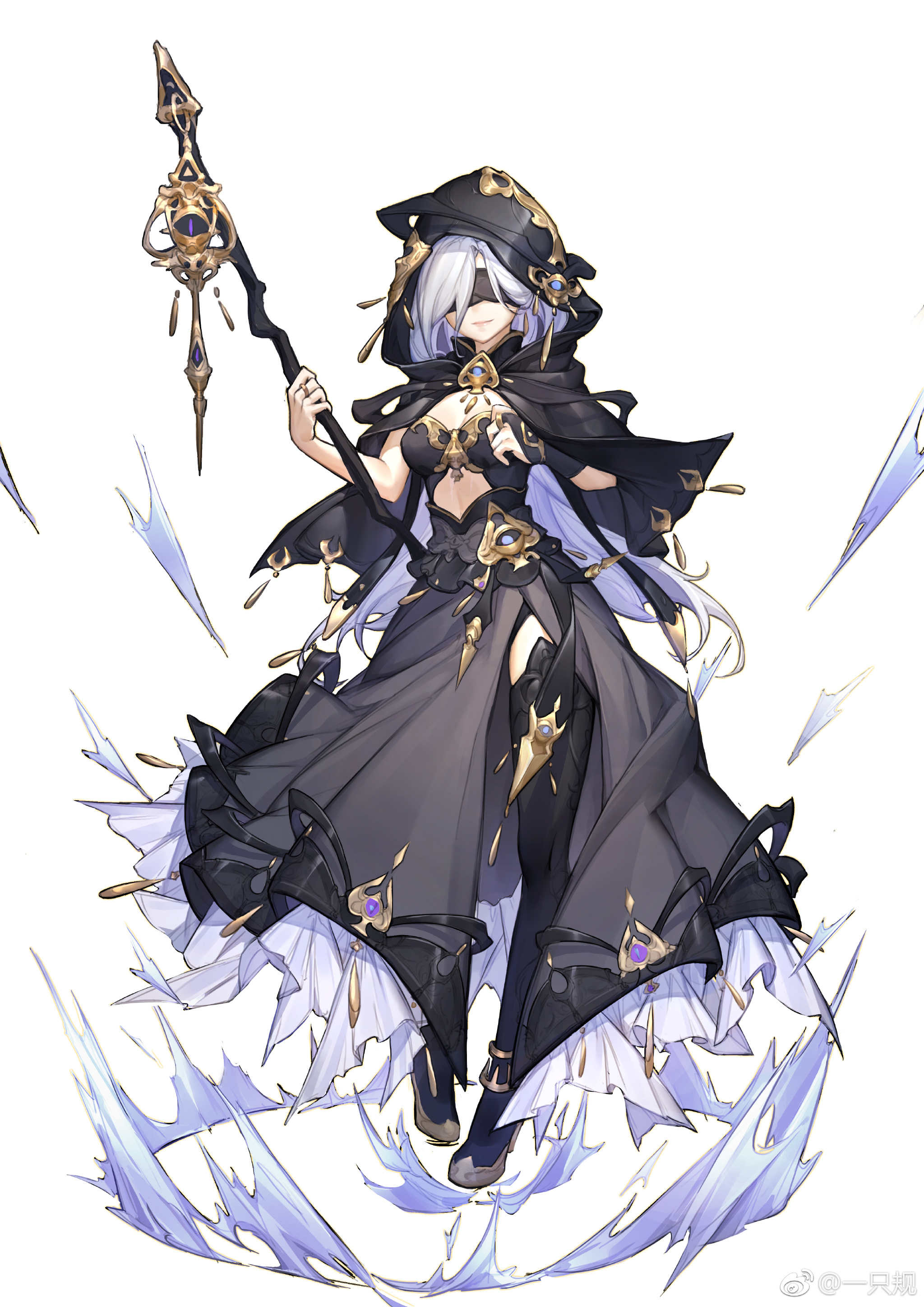 an anime girl with white hair and a black dress is holding a golden staff with a large purple gem on top.  she is wearing a black hooded robe, and her eyes are closed. the background is white, and there are blue and purple magical effects surrounding the girl.  she appears to be standing in the air.