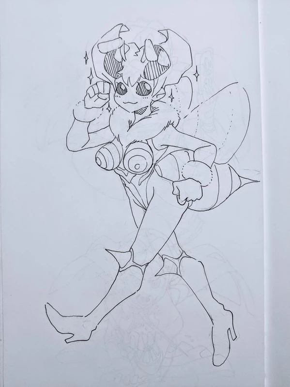 a line drawing of a bee girl, with large wings, a large head with antennae, and a human body with buglike limbs, in an exaggerated pose, with large bee eyes.  drawn in ink on white paper.