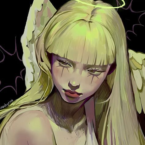 the image is a digital painting of a young woman with long, blonde hair styled with blunt bangs. she has a halo above her head and what appear to be angel wings partially visible.  her expression is somewhat melancholic or pensive. the art style is a blend of anime and a more painterly approach, with expressive eyes and soft shading. the color palette is predominantly green and yellow tones, contrasting against a dark background. the overall mood is ethereal and slightly mysterious. the artist's signature, "cas tyrina," is subtly visible in the bottom left corner.