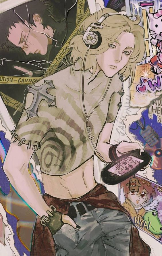 a digital illustration of a female anime character with long blonde hair, wearing headphones and a striped top with a graphic. she is holding a phone in her hand and listening to music. she is drawn in a casual style. the background is a collage of other illustrations.