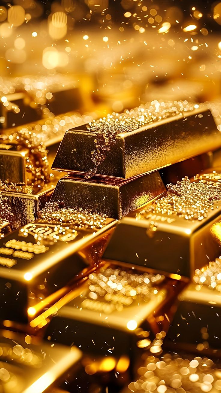 the image showcases a dazzling pile of gold bars, each gleaming under warm, artificial lighting. the bars, stacked haphazardly, are sprinkled with fine, glittering particles, further enhancing their luxurious appeal. the closeup perspective and selective focus draw the viewer's eye to the detail and texture of the gold, emphasizing its weight and value.