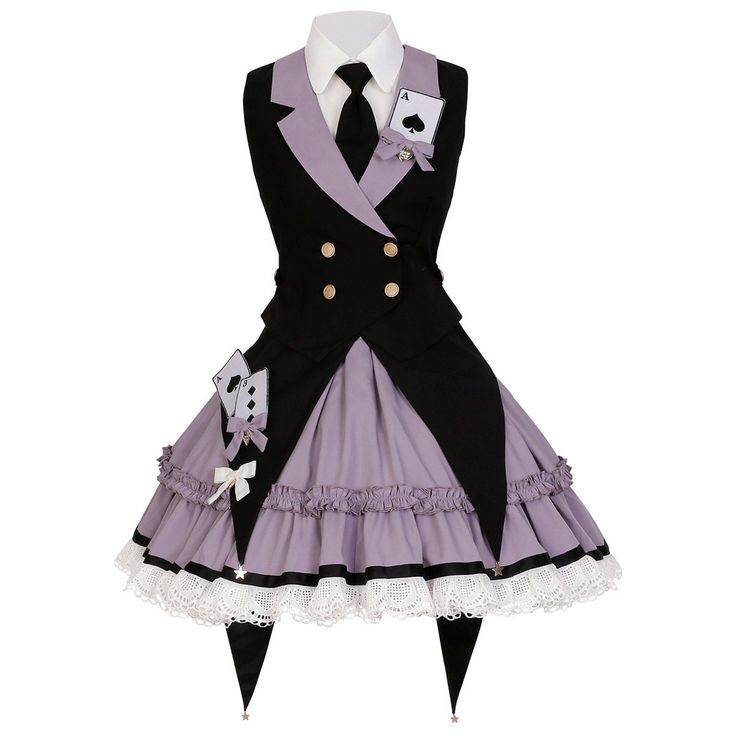 a purple and black lolita fashion dress with a playing card theme is shown against a white background.  the dress has a short, ruffled skirt, a waistcoat with a high collar, and a necktie. the dress is decorated with playing card symbols and bows.