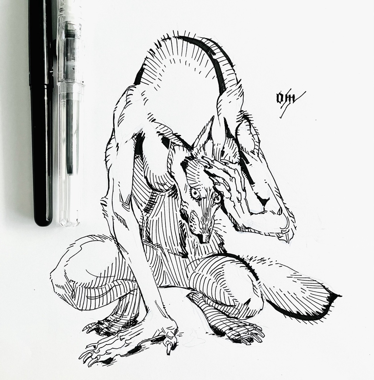 the image is a detailed black and white ink drawing of a creature that appears to be a hybrid of a humanoid and a wolf.  the creature is depicted in a crouched position, its hands covering its face, which seems to be partially wolflike. the style is reminiscent of gothic or dark fantasy illustration, with heavy use of hatching and crosshatching to create shading and texture. the lines are precise and expressive, conveying a sense of unease or anguish.  the creature's anatomy is somewhat distorted and surreal, further enhancing the dark and unsettling mood of the piece. a pen and ink cartridge rests near the drawing.