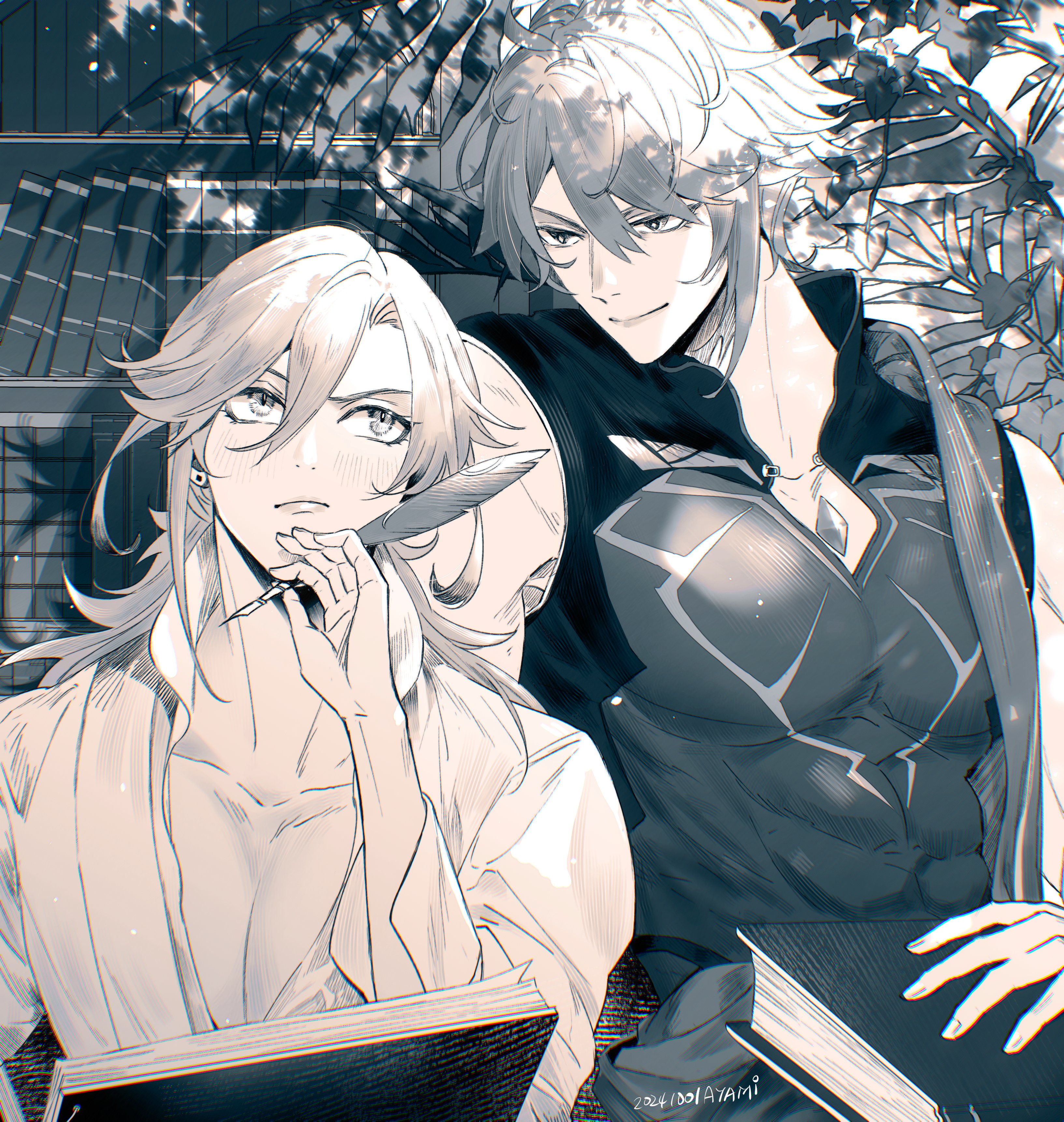 the image is a black and white anime illustration of two men, a man with long white hair holding a pen, and a man with short black hair holding a book. they are in a library setting, surrounded by books, and have a close, intimate relationship.  the two men are touching and the scene is filled with romance and affection.