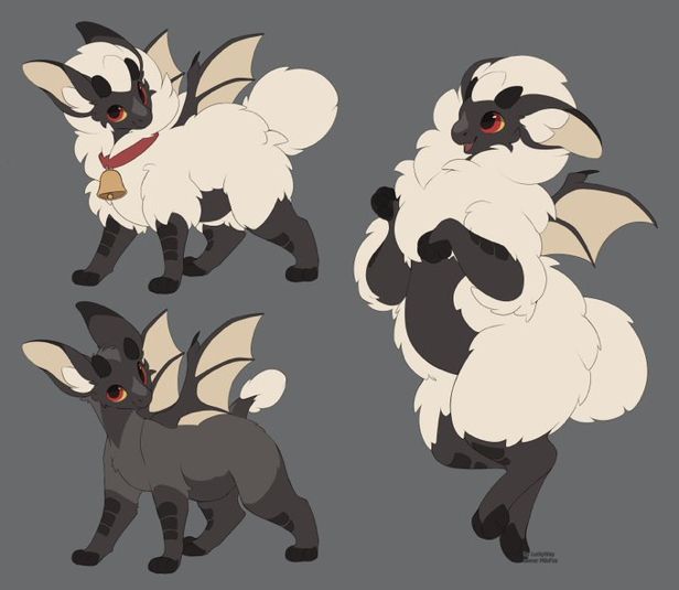 the image shows three different depictions of a fantasy creature that is a hybrid of a dragon and a sheep or lamb. the creature is fluffy with a mix of white and black fur, small wings, horns, and distinct ears. one creature is wearing a red collar with a gold bell. the creatures are in various poses: walking, standing, and sitting. the background is gray. the style is cartoonish and illustrative.