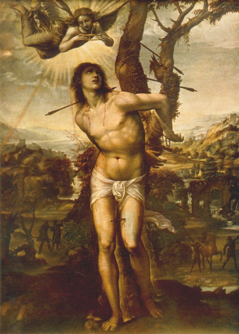 the image is a painting of the martyrdom of saint sebastian. in the center of the painting stands a young, muscular man, bound to a tree. arrows pierce his body, and blood trickles from the wounds. he is looking upward, towards two angels hovering in the sky. the background is a landscape with trees, hills, and buildings. the scene is bathed in a soft, golden light.