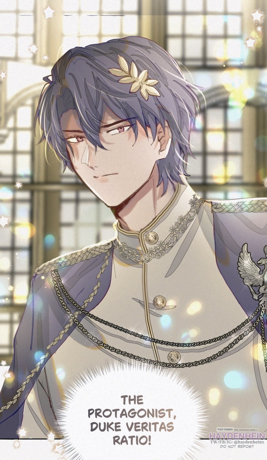 the image depicts a young man with purple hair and blue eyes. he is wearing a formal, elegant white and purple suit, with a golden chain collar and a golden flower in his hair. his expression is serious and focused. text boxes above him say "the protagonist, duke veritas ratio!", indicating his character importance and potential power. the overall style of the image suggests anime or manga, possibly a romantic or fantasy story with a focus on royalty.  the background shows a blurred window with sunlight streaming through, adding to the dramatic feel of the image.