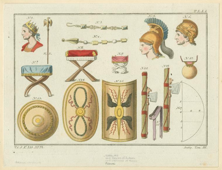 an illustration depicts roman objects including a man wearing a crown, a scepter, jewelry, two types of helmets, two stools, three shields, two fasces, and a plumb bob.