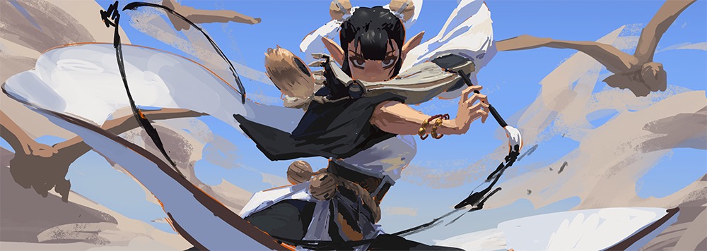 the image is a digital painting depicting a dynamic action scene. a female elflike character with dark hair and small horns is the focal point. she is wearing a mix of light and dark clothing with flowing fabric.  she appears to be wielding a whip and is captured midaction in an airborne pose.  the background shows a stylized desert landscape with birds in flight, painted with loose brushstrokes that contribute to a sense of movement and energy. the overall style is painterly and whimsical, with elements suggestive of both manga and anime artistic influences. the painting's expressive brushwork and dynamic composition create a sense of excitement and adventure.