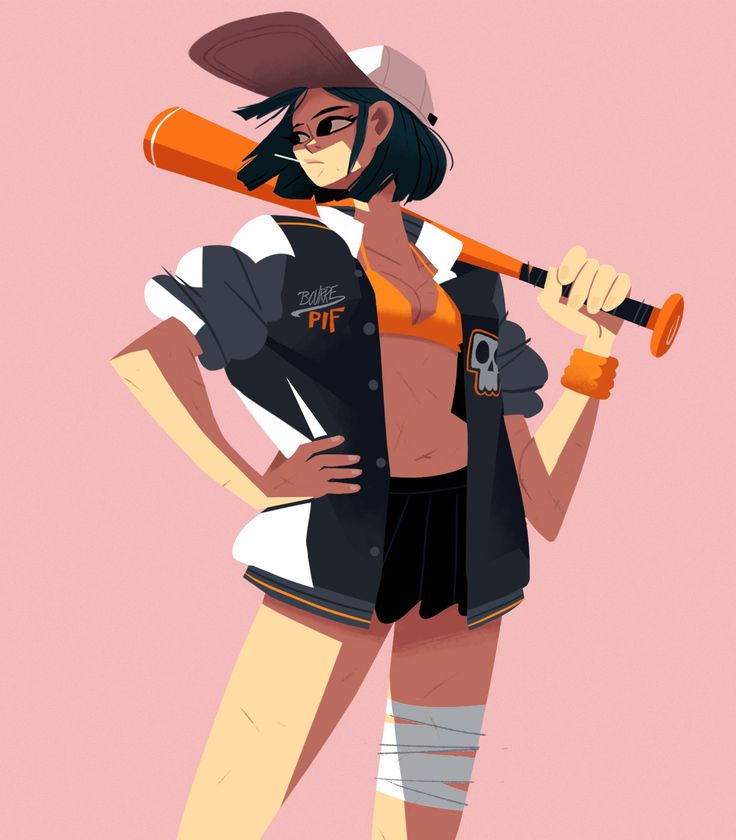 a digitally illustrated portrait of a young woman with short dark hair, wearing a baseball cap, a black and white letterman jacket, an orange sports bra and black shorts. she has a bandage on her leg and a small skull sticker on her shirt. she's confidently posing with a baseball bat slung over her shoulder. the illustration uses a vibrant color scheme.