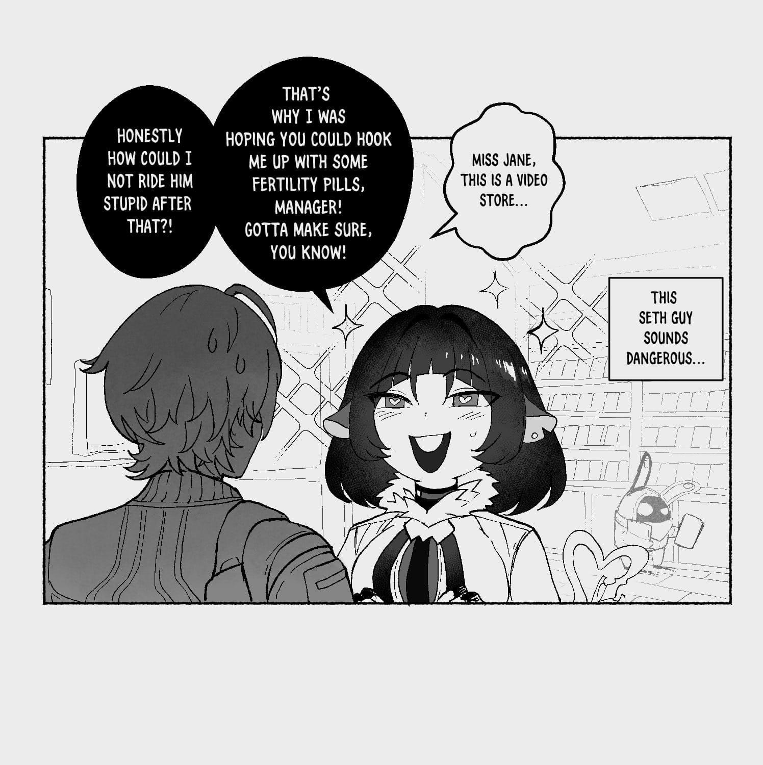 black and white comic strip depicting a conversation between two characters in a video store. one character, a young woman with short hair and elflike ears, is speaking to a male character with brown hair. the woman is excitedly explaining why she needs fertility pills, while the man looks surprised and a bit uncomfortable. a speech bubble on the side suggests that the man, seth, seems dangerous. the style is reminiscent of manga or webtoons, with expressive character designs and dynamic speech bubbles.