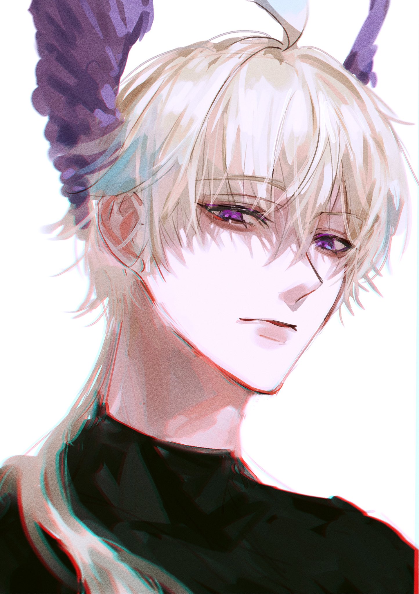 a digital illustration of an anime male character with blonde hair and purple eyes. he has purple feathered wings attached to his head. he is wearing a black shirt and has a neutral expression. he is in front of a white background.