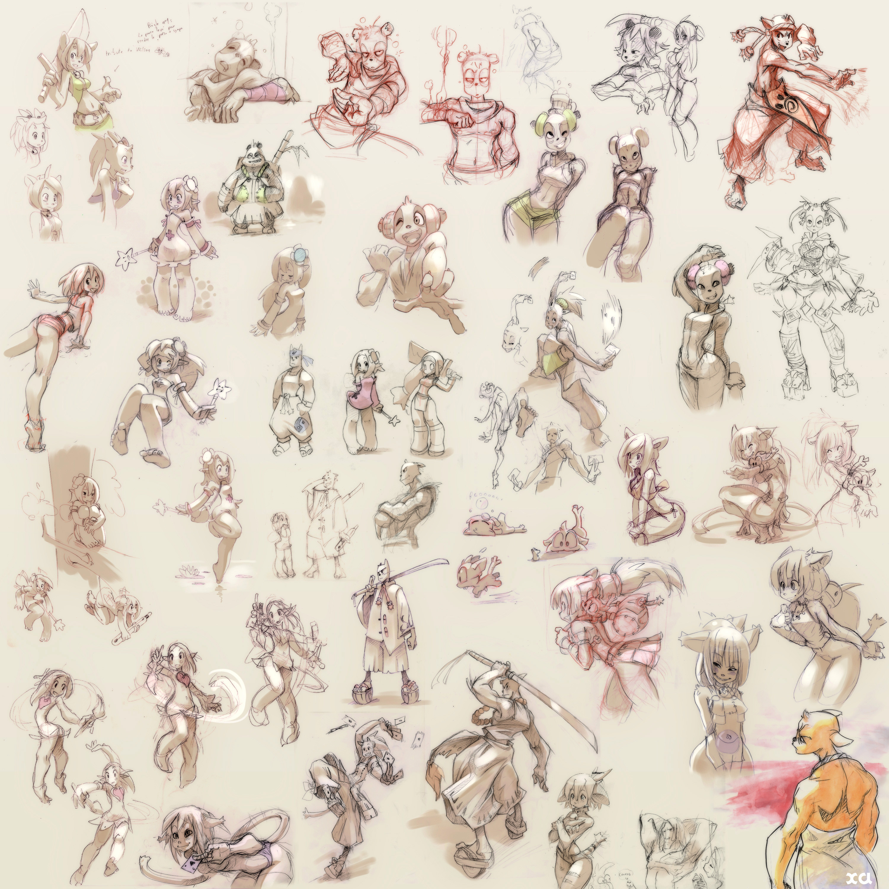 this image contains a variety of cartoon sketches in a whimsical style. the image is packed with many diverse characters, from humanlike figures with exaggerated features to whimsical animallike creatures. the characters are in a variety of poses, some are active and some are relaxed, and it is clear that they are all different types of fantasy and scifi characters. this image is a great example of the creative process behind character design in art and illustration. it's a fun and imaginative exploration of different styles and forms.
