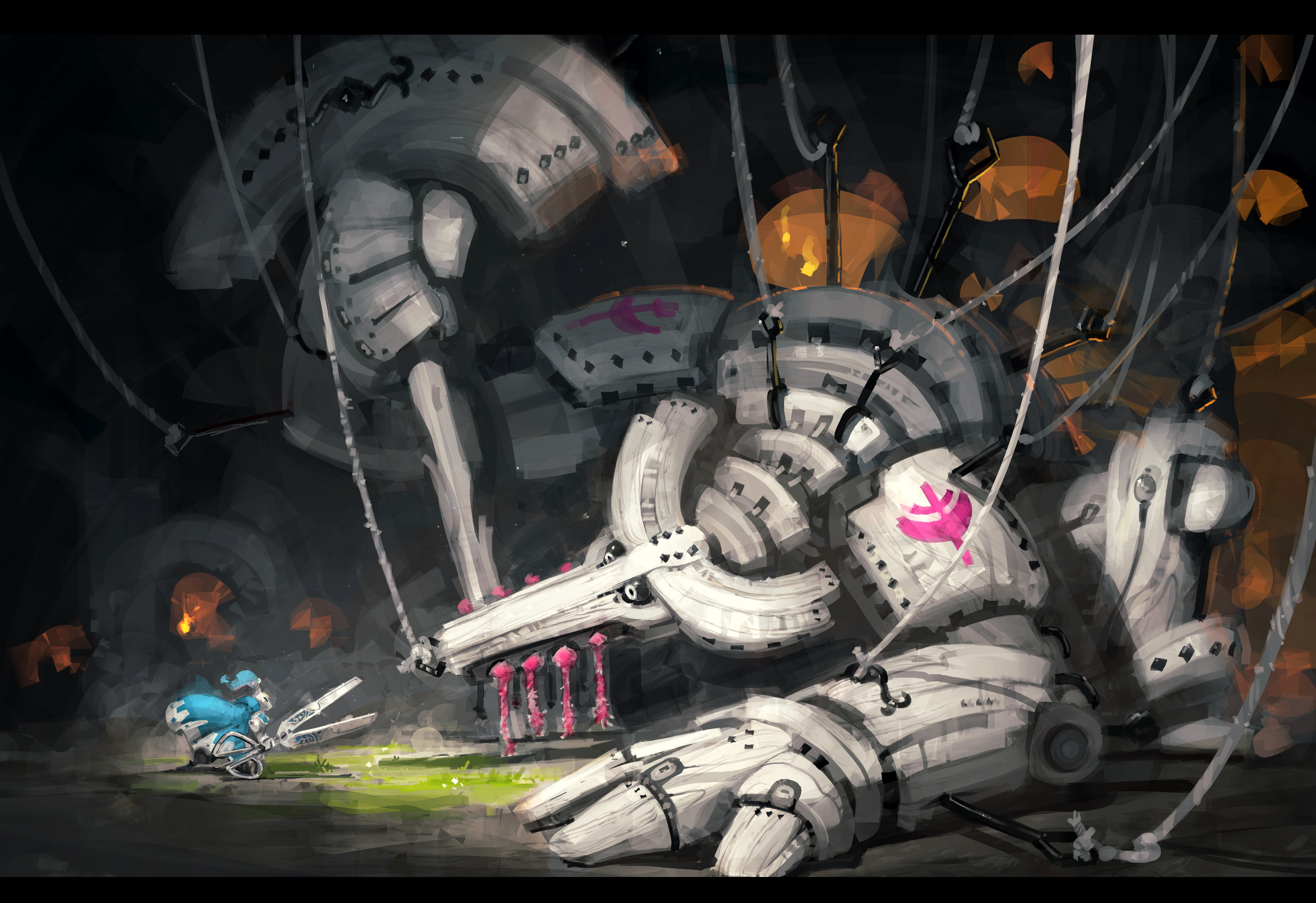 a large white mechanical creature is lying on the ground. it is made of metal and has many gears, wires and cables. it is a very detailed and intricate design. the creature is surrounded by a dark background. in the foreground, a small blue and white character, riding on a small vehicle with a big pair of scissors, is moving toward the left, away from the creature. the image is digital art and  has a futuristic and steampunk aesthetic.
