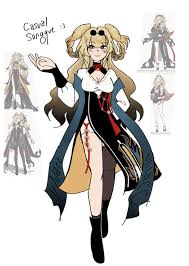 the image contains an anime girl wearing a dress, a blue coat, and thigh high black boots. she has blonde hair and twin tails. there are also sketches of her in different outfits in the background. the text "casual songque" is present near the top left of the image.