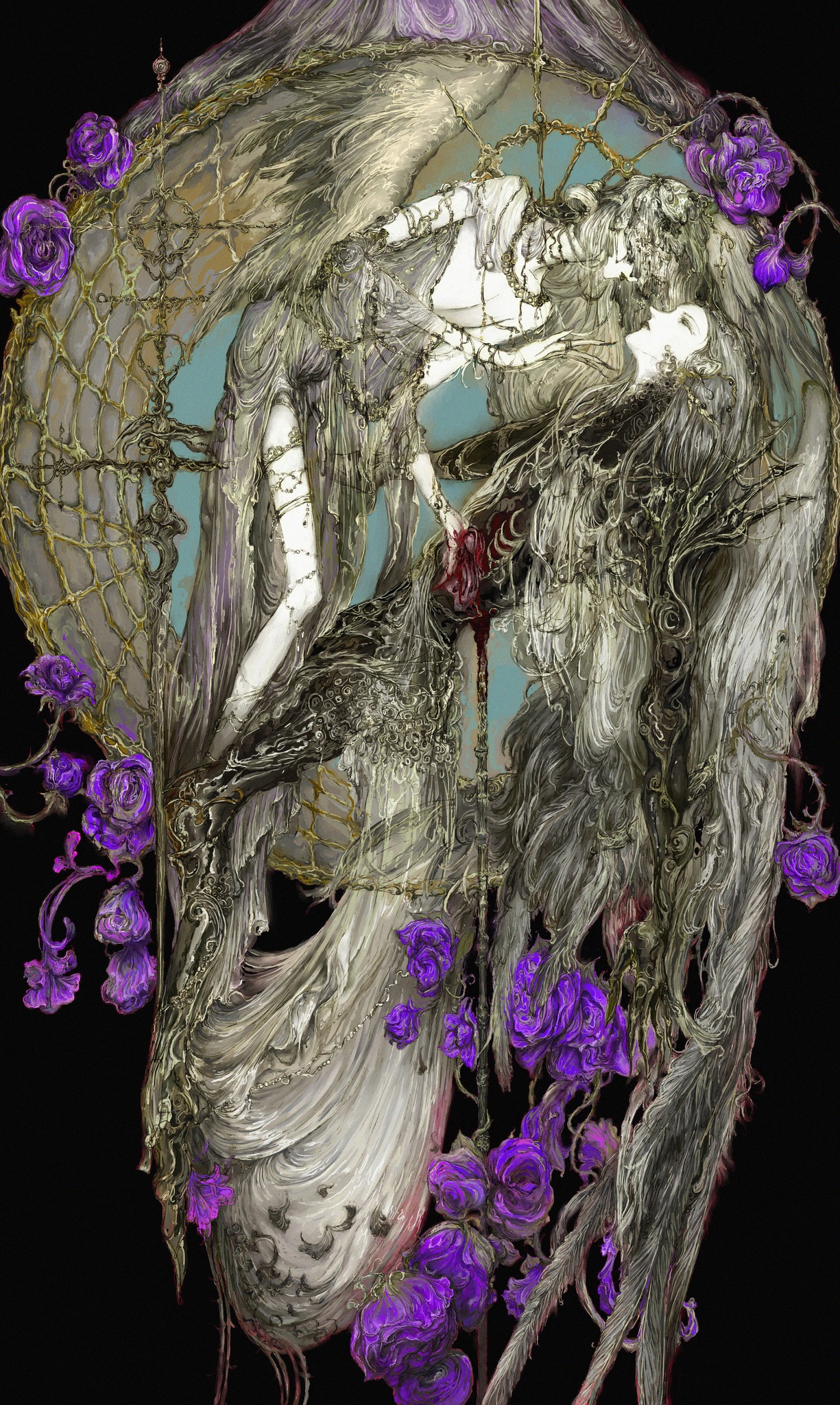 the image depicts a dark and gothic fantasy scene, possibly a dream or nightmare, with two figures embraced in a passionate kiss. the woman on the left is cloaked in white and looks ethereal, while the woman on the right is shrouded in black and appears more demonic. their bodies are intertwined and surrounded by intricate patterns and thorns, perhaps representing the complexities and dangers of love. the scene takes place within a circular frame resembling a dreamcatcher, suggesting a state of entrapment or the nature of dreams. the entire image is filled with symbolism and imagery that evoke a sense of mystery and intrigue, leaving the viewer to interpret the meaning and significance of the scene. the artwork is highly detailed and showcases the artist's skill in capturing both beauty and darkness in a single image. the overall mood is melancholic and perhaps even tragic, hinting at the fragility of love and the inevitable passage of time.