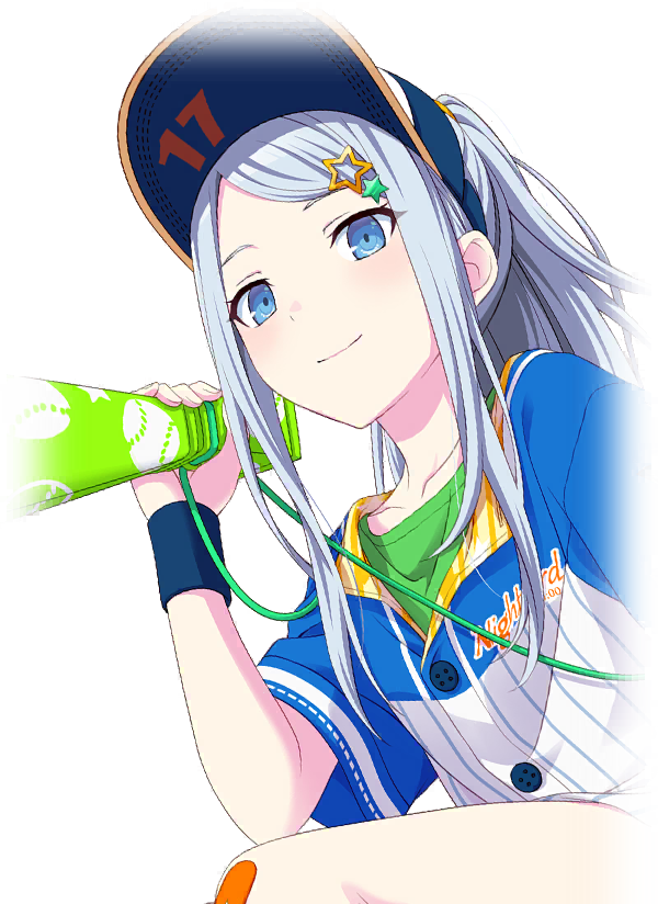 the image features an animestyle girl in a baseball uniform, holding a green megaphone. she has silver hair, blue eyes, and a smiling expression. she's wearing a baseball cap with the number "17" on it and a starshaped hair clip. her baseball uniform is blue and white. she is holding a green megaphone with white baseball patterns on it. she also wears a wristband on her left wrist. the background is black.